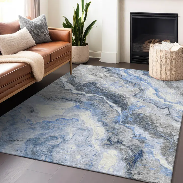10' X 14' Blue And Silver Abstract Washable Indoor Outdoor Area Rug