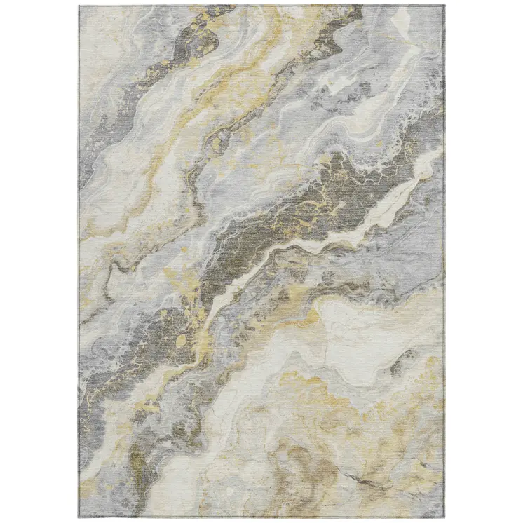 3' X 5' Gold And Silver Abstract Washable Indoor Outdoor Area Rug