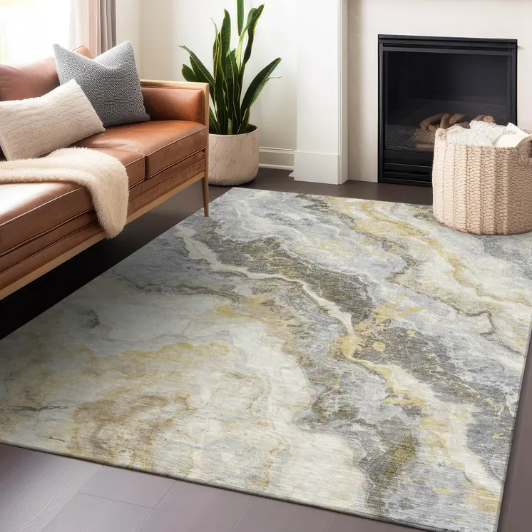 5' X 8' Gold And Silver Abstract Washable Indoor Outdoor Area Rug