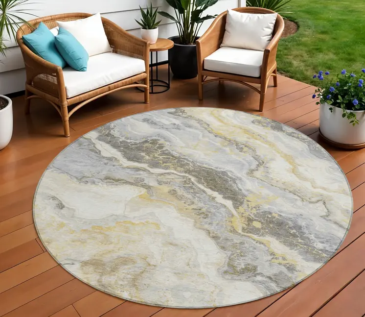 8' Gold And Silver Round Abstract Washable Indoor Outdoor Area Rug