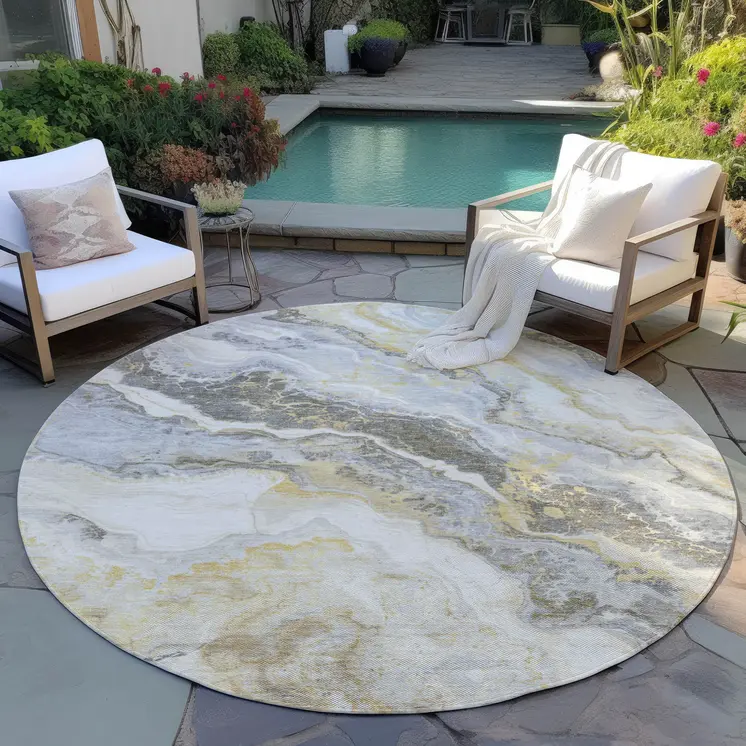 8' Gold And Silver Round Abstract Washable Indoor Outdoor Area Rug