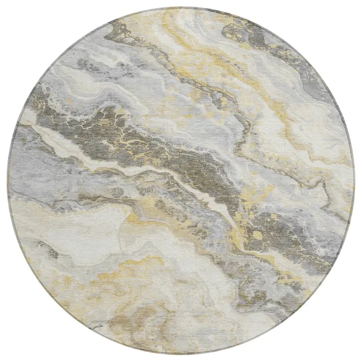 8' Gold And Silver Round Abstract Washable Indoor Outdoor Area Rug
