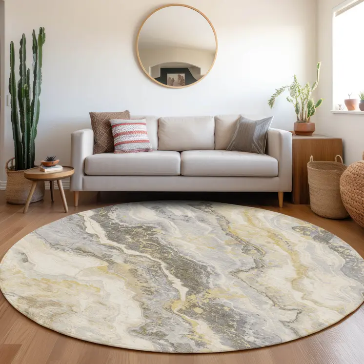 8' Gold And Silver Round Abstract Washable Indoor Outdoor Area Rug