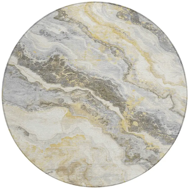8' Gold And Silver Round Abstract Washable Indoor Outdoor Area Rug