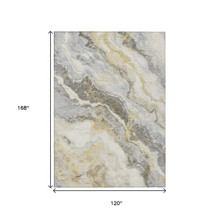 10' X 14' Gold And Silver Abstract Washable Indoor Outdoor Area Rug