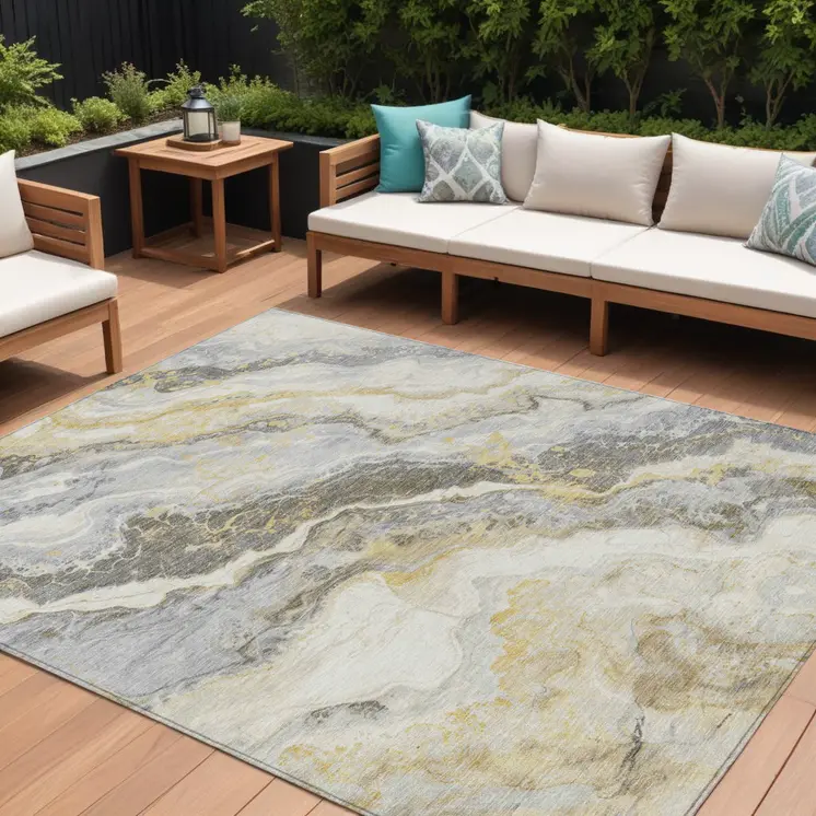 10' X 14' Gold And Silver Abstract Washable Indoor Outdoor Area Rug