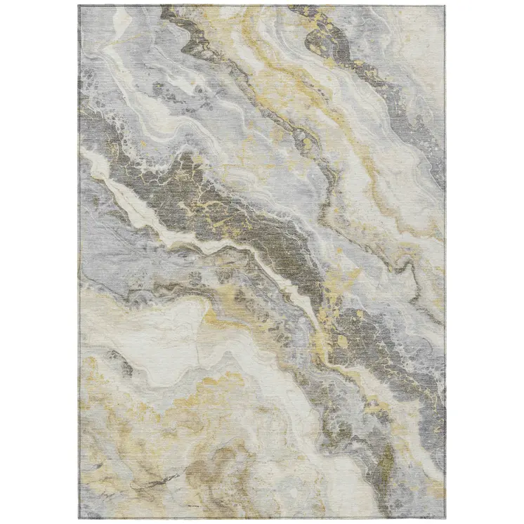 10' X 14' Gold And Silver Abstract Washable Indoor Outdoor Area Rug