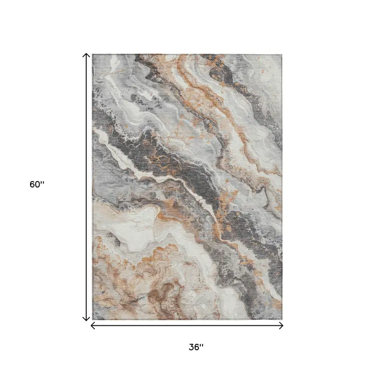 3' X 5' Silver And Copper Abstract Washable Indoor Outdoor Area Rug