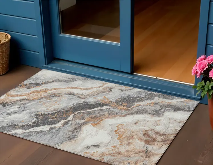 3' X 5' Silver And Copper Abstract Washable Indoor Outdoor Area Rug