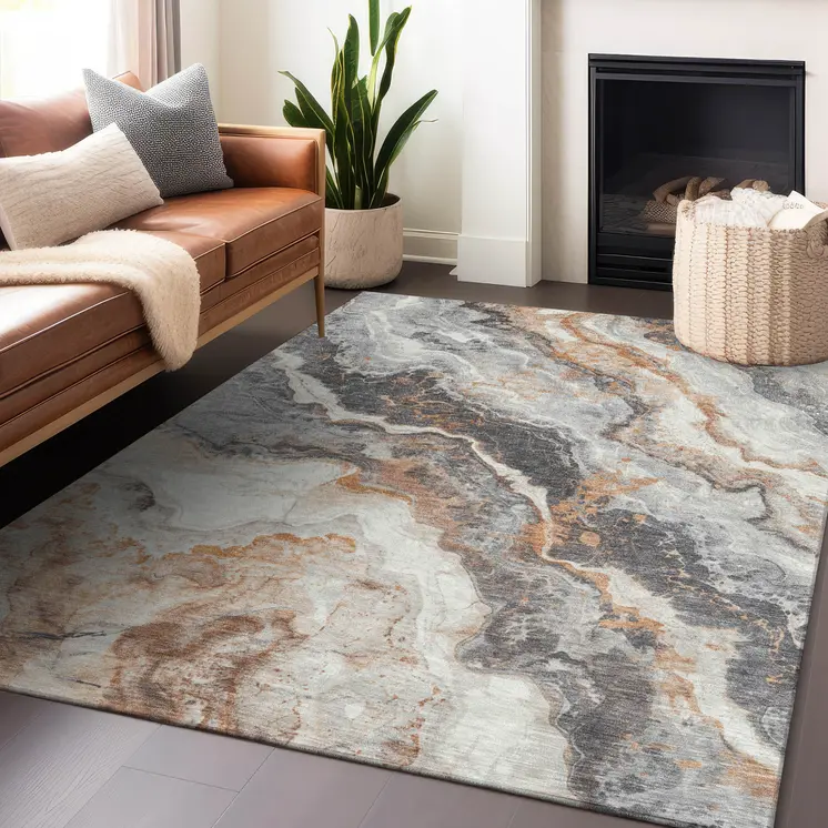 3' X 5' Silver And Copper Abstract Washable Indoor Outdoor Area Rug