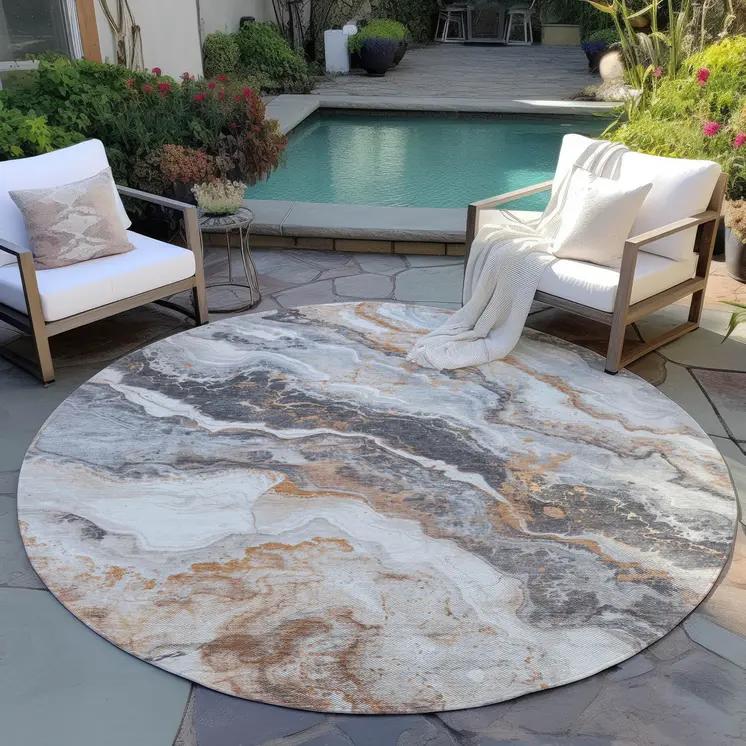8' Silver And Copper Round Abstract Washable Indoor Outdoor Area Rug