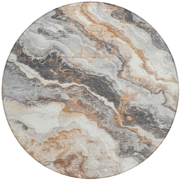 8' Silver And Copper Round Abstract Washable Indoor Outdoor Area Rug