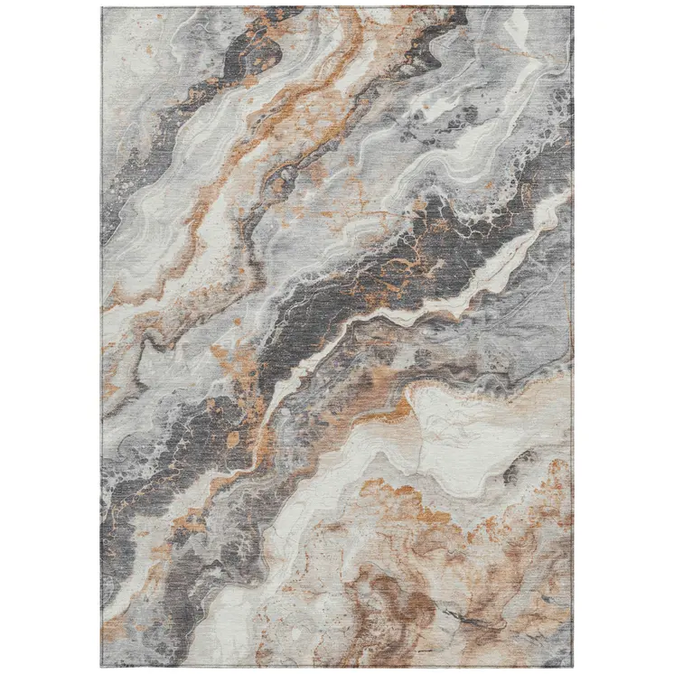 9' X 12' Silver And Copper Abstract Washable Indoor Outdoor Area Rug
