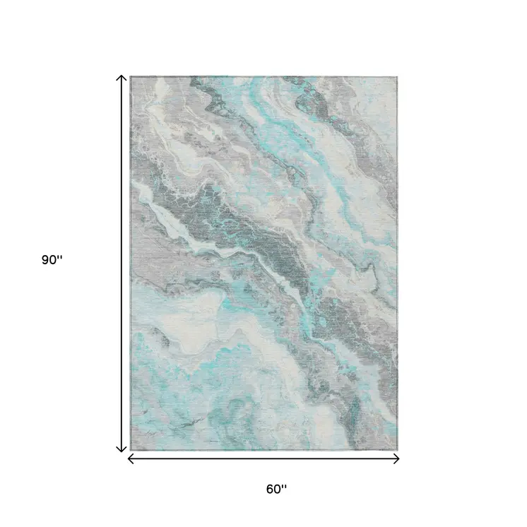 5' X 8' Teal Blue And Silver Abstract Washable Indoor Outdoor Area Rug