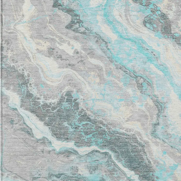 5' X 8' Teal Blue And Silver Abstract Washable Indoor Outdoor Area Rug