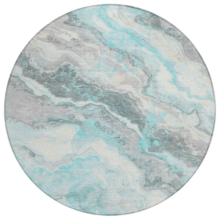 8' Teal Blue And Silver Round Abstract Washable Indoor Outdoor Area Rug