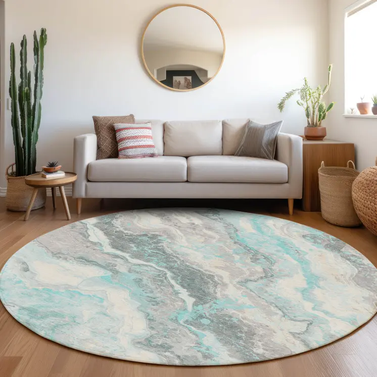 8' Teal Blue And Silver Round Abstract Washable Indoor Outdoor Area Rug