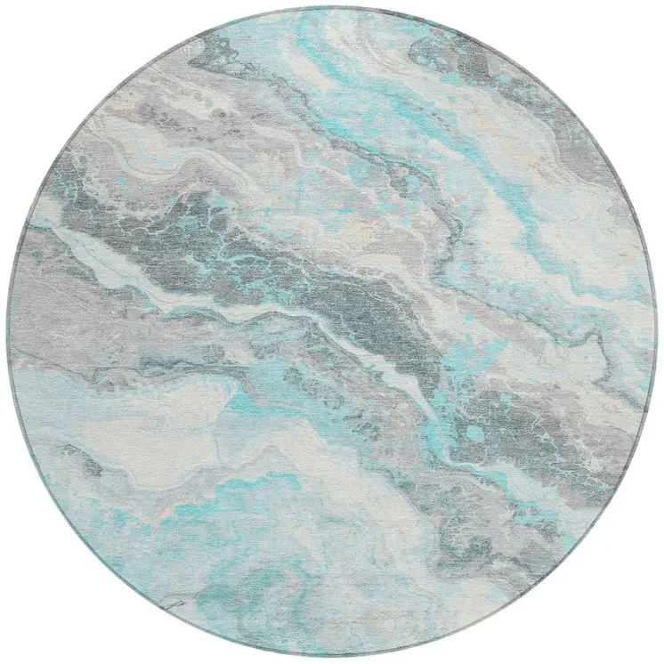8' Teal Blue And Silver Round Abstract Washable Indoor Outdoor Area Rug