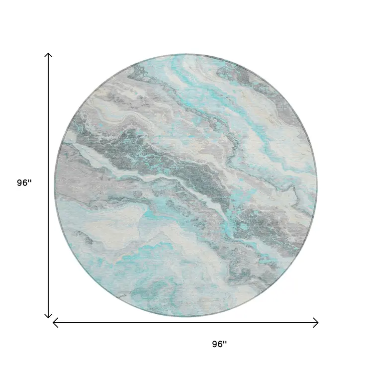 8' Teal Blue And Silver Round Abstract Washable Indoor Outdoor Area Rug