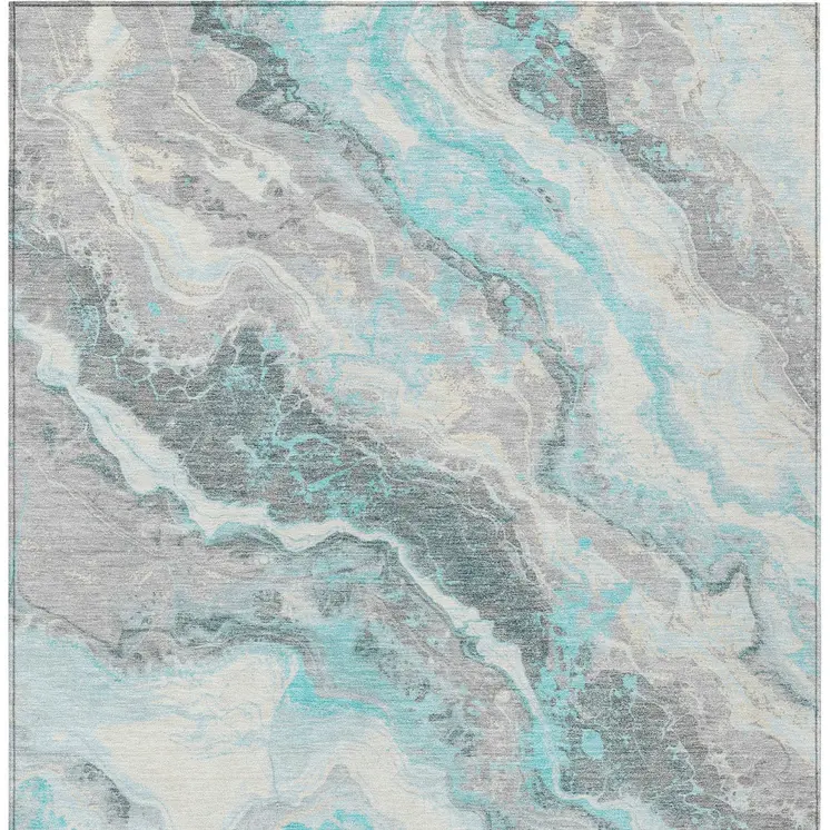 8' X 10' Teal Blue And Silver Abstract Washable Indoor Outdoor Area Rug