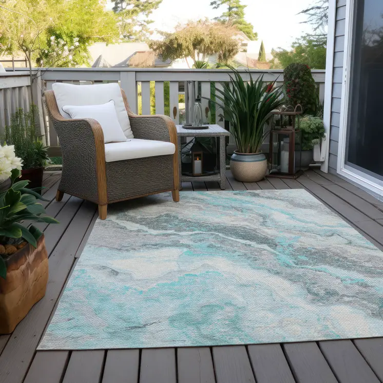 8' X 10' Teal Blue And Silver Abstract Washable Indoor Outdoor Area Rug