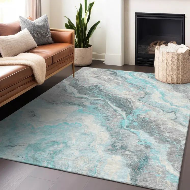 8' X 10' Teal Blue And Silver Abstract Washable Indoor Outdoor Area Rug