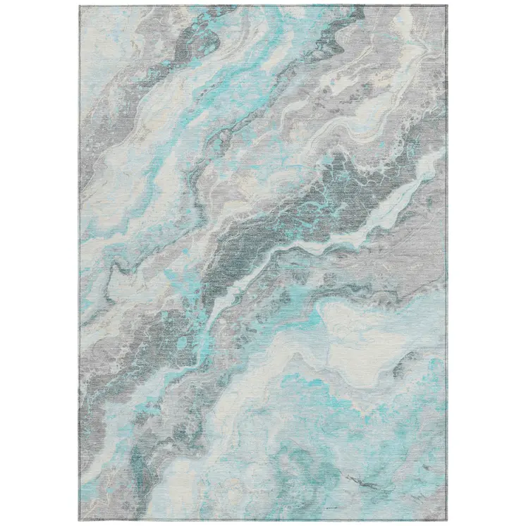 9' X 12' Teal Blue And Silver Abstract Washable Indoor Outdoor Area Rug