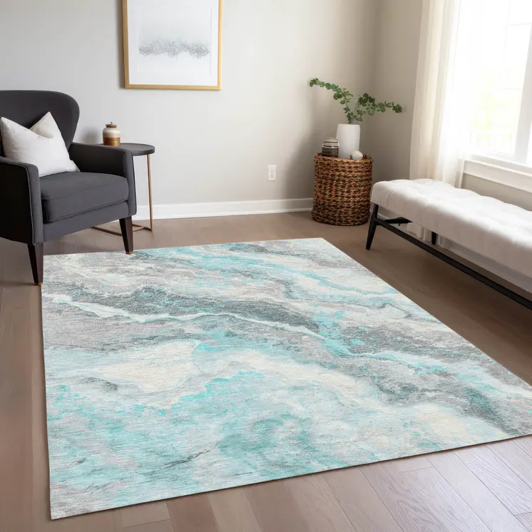 9' X 12' Teal Blue And Silver Abstract Washable Indoor Outdoor Area Rug
