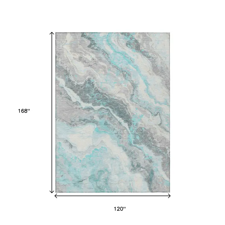 10' X 14' Teal Blue And Silver Abstract Washable Indoor Outdoor Area Rug