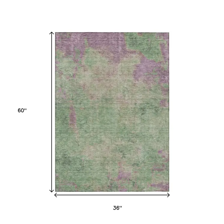 3' X 5' Artichoke Green And Eggplant Abstract Washable Indoor Outdoor Area Rug