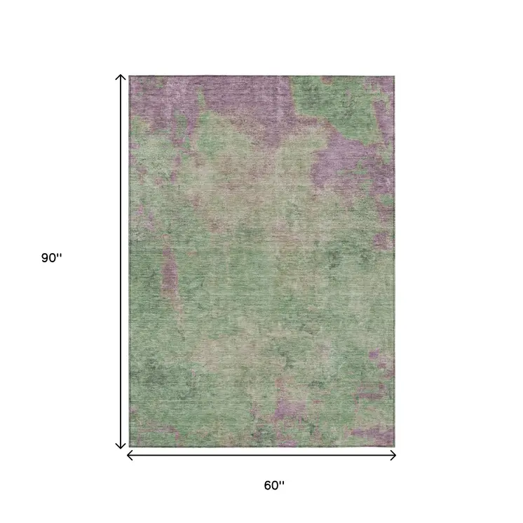 5' X 8' Artichoke Green And Eggplant Abstract Washable Indoor Outdoor Area Rug