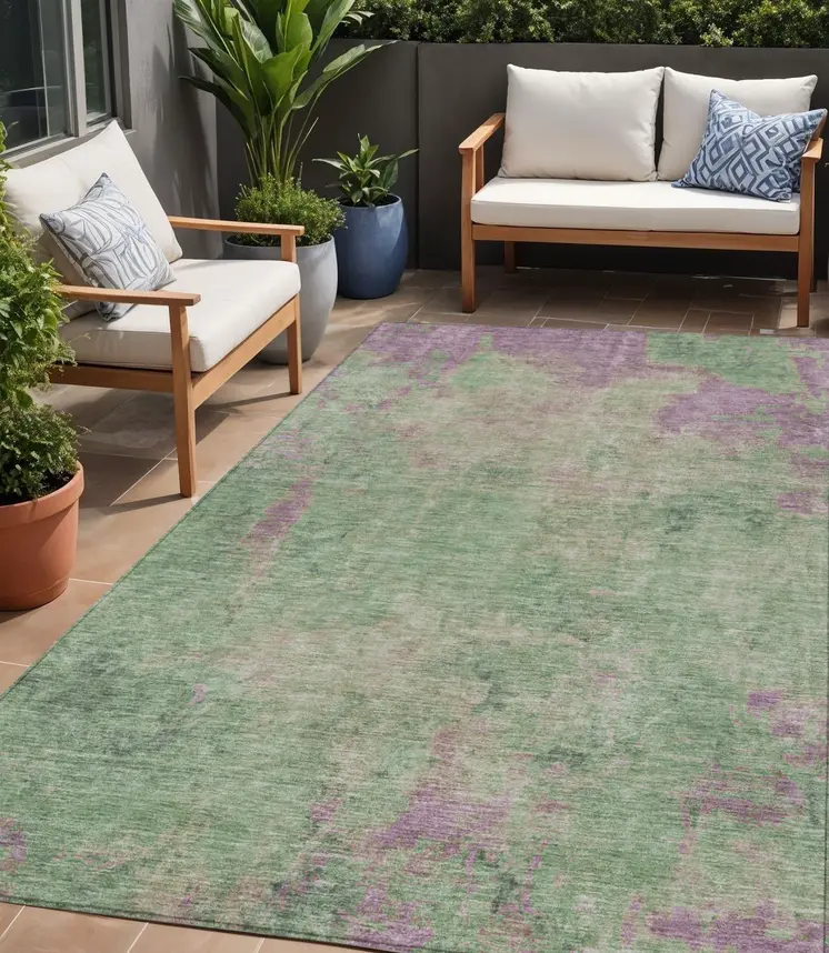 5' X 8' Artichoke Green And Eggplant Abstract Washable Indoor Outdoor Area Rug
