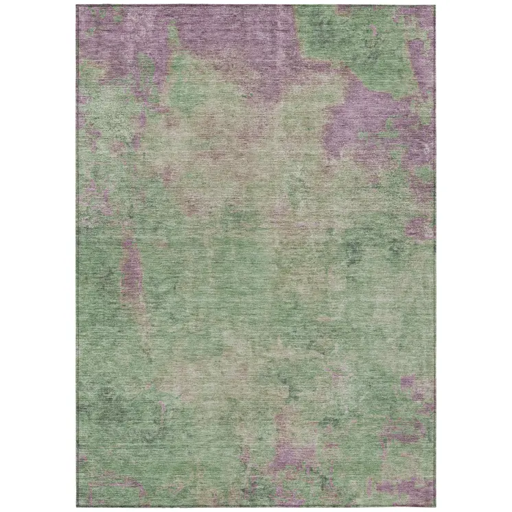 5' X 8' Artichoke Green And Eggplant Abstract Washable Indoor Outdoor Area Rug