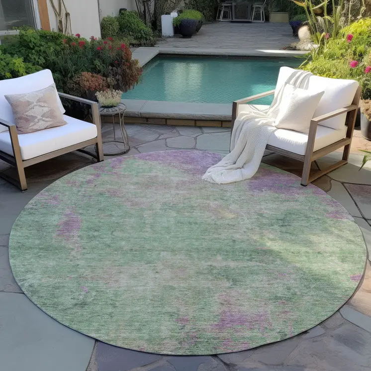 8' Artichoke Green And Eggplant Round Abstract Washable Indoor Outdoor Area Rug