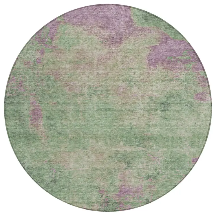 8' Artichoke Green And Eggplant Round Abstract Washable Indoor Outdoor Area Rug