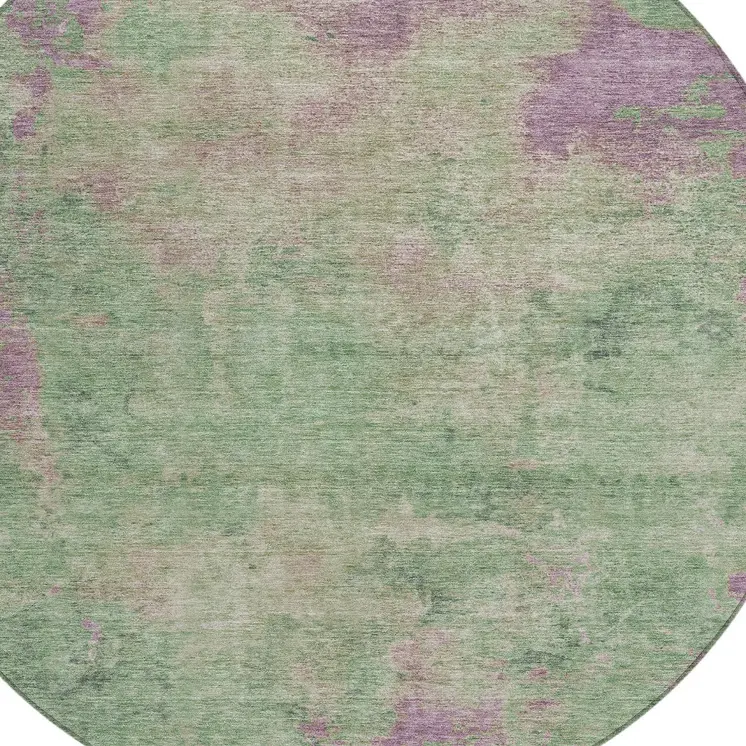 8' Artichoke Green And Eggplant Round Abstract Washable Indoor Outdoor Area Rug