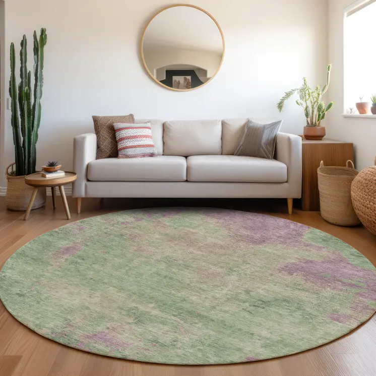 8' Artichoke Green And Eggplant Round Abstract Washable Indoor Outdoor Area Rug
