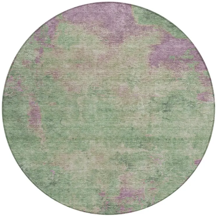 8' Artichoke Green And Eggplant Round Abstract Washable Indoor Outdoor Area Rug