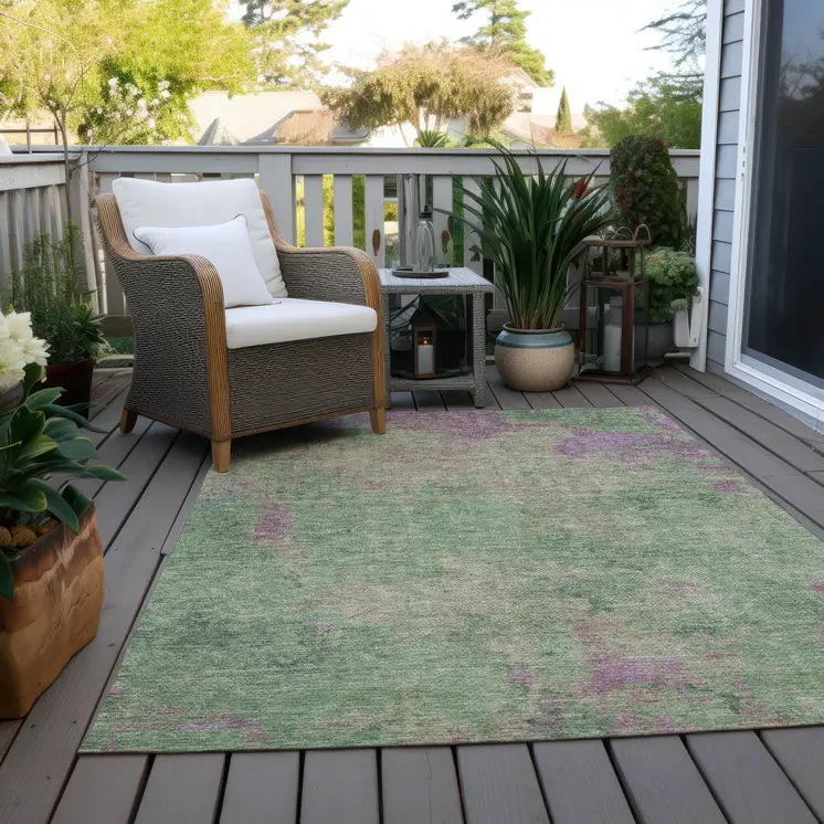 9' X 12' Artichoke Green And Eggplant Abstract Washable Indoor Outdoor Area Rug