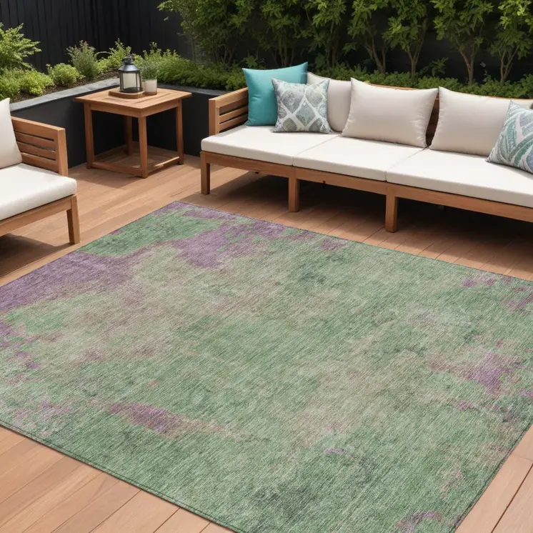 10' X 14' Artichoke Green And Eggplant Abstract Washable Indoor Outdoor Area Rug