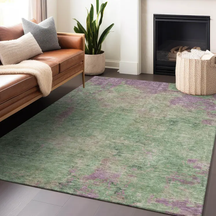 10' X 14' Artichoke Green And Eggplant Abstract Washable Indoor Outdoor Area Rug