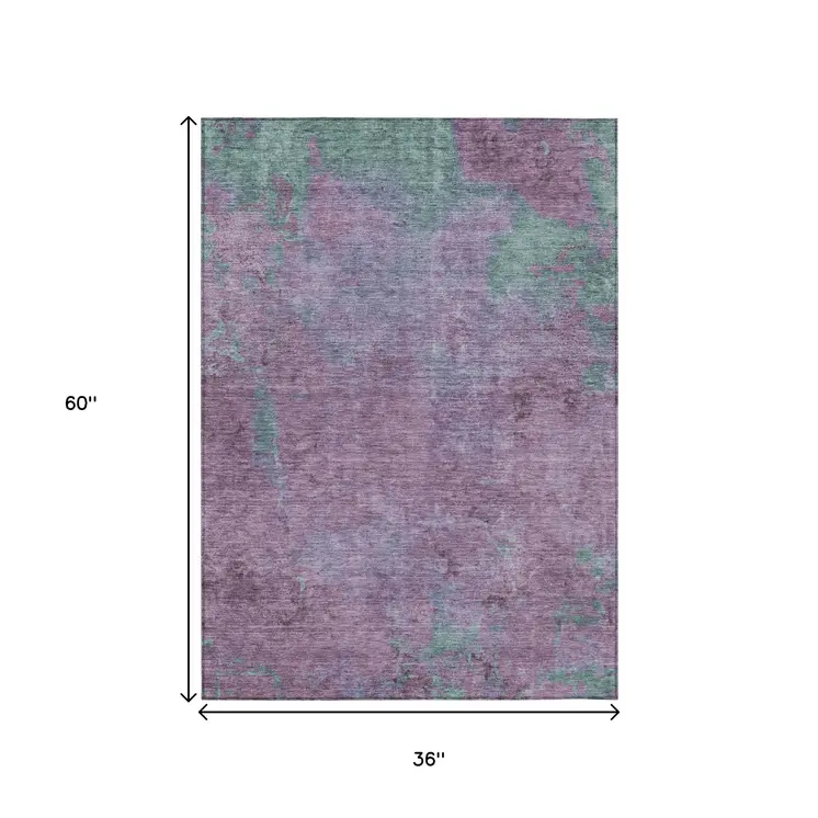 3' X 5' Lavender And Teal Blue Abstract Washable Indoor Outdoor Area Rug