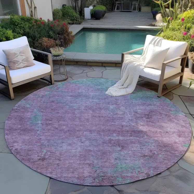 8' Lavender And Teal Blue Round Abstract Washable Indoor Outdoor Area Rug