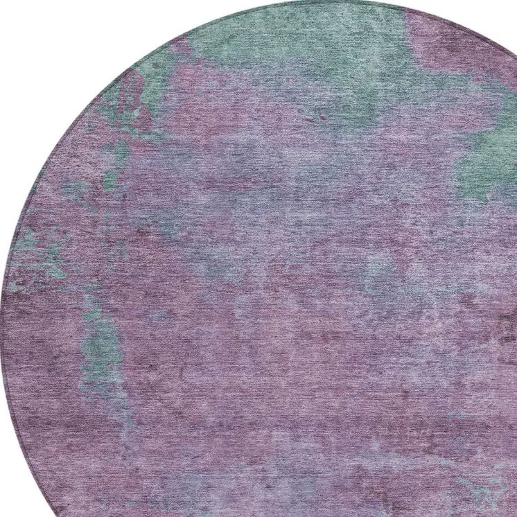 8' Lavender And Teal Blue Round Abstract Washable Indoor Outdoor Area Rug