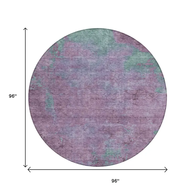 8' Lavender And Teal Blue Round Abstract Washable Indoor Outdoor Area Rug