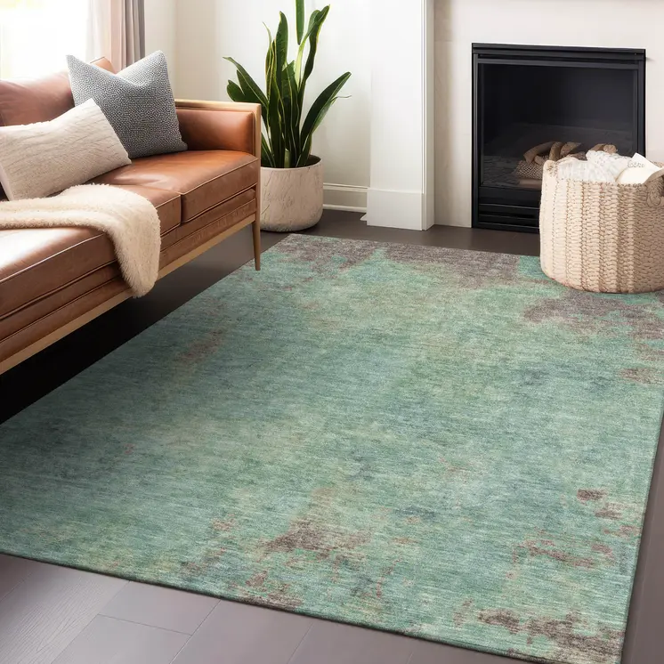 3' X 5' Pale Aqua And Taupe Abstract Washable Indoor Outdoor Area Rug
