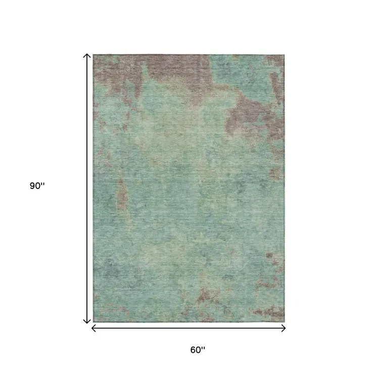 5' X 8' Pale Aqua And Taupe Abstract Washable Indoor Outdoor Area Rug
