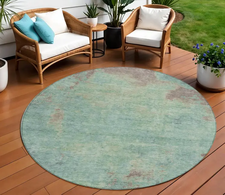 8' Pale Aqua And Taupe Round Abstract Washable Indoor Outdoor Area Rug