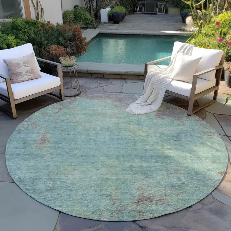 8' Pale Aqua And Taupe Round Abstract Washable Indoor Outdoor Area Rug