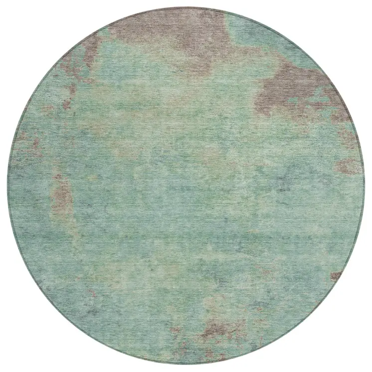 8' Pale Aqua And Taupe Round Abstract Washable Indoor Outdoor Area Rug